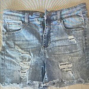 Women’s Distressed Denim Athletic Shorts — Light Blue